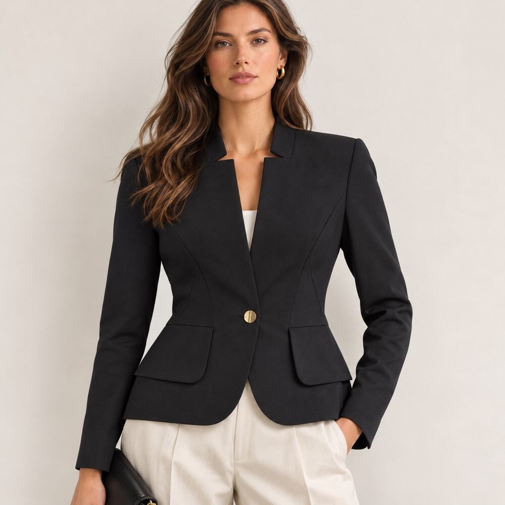 Ted Baker Black Blazer Women Size 3 US 8 Floral Lined Tailored Peplum Trendy